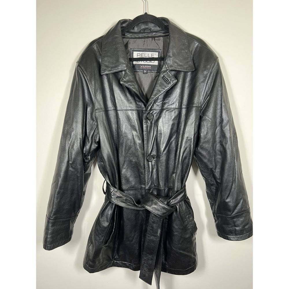 Vintage Wilsons Pelle Studio Black Leather Belted Trench Coat Women's L 90s Goth